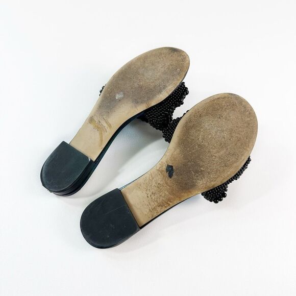 CHANEL Black Fantasy Pearl Cord Sandals Size 37 Mules Open Toe Slides CC Flat - Picture 9 of 12